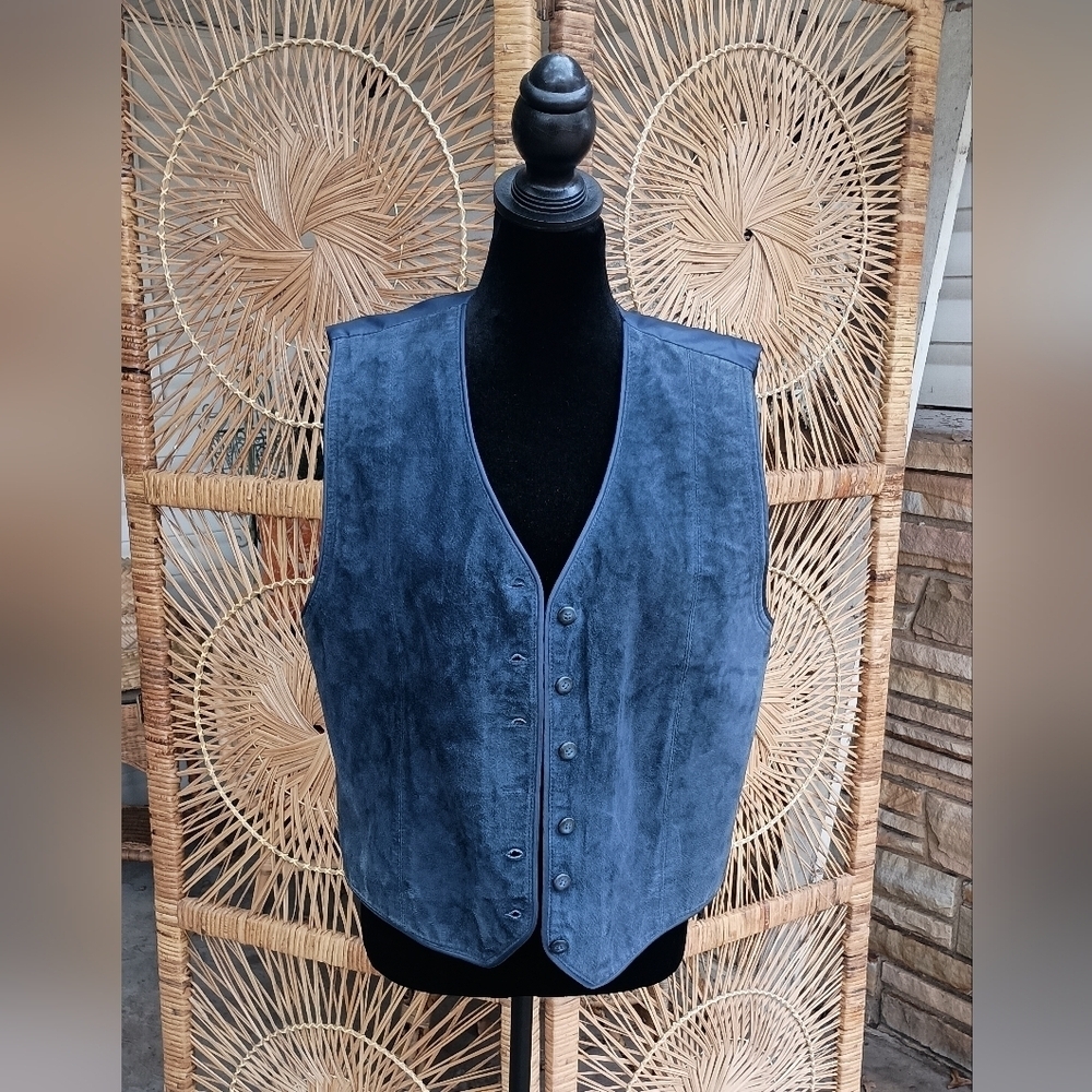 Vintage 90s Marsh Landing Blue Suede Leather Button-Up Vest_Med - Picture 1 of 6